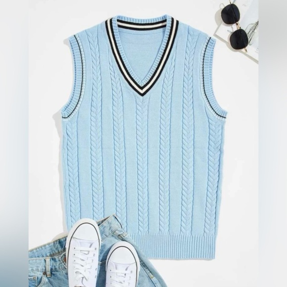 Vintage Aesthetic Baby Blue Cable Knit Sweater Vest Men's Large Fall